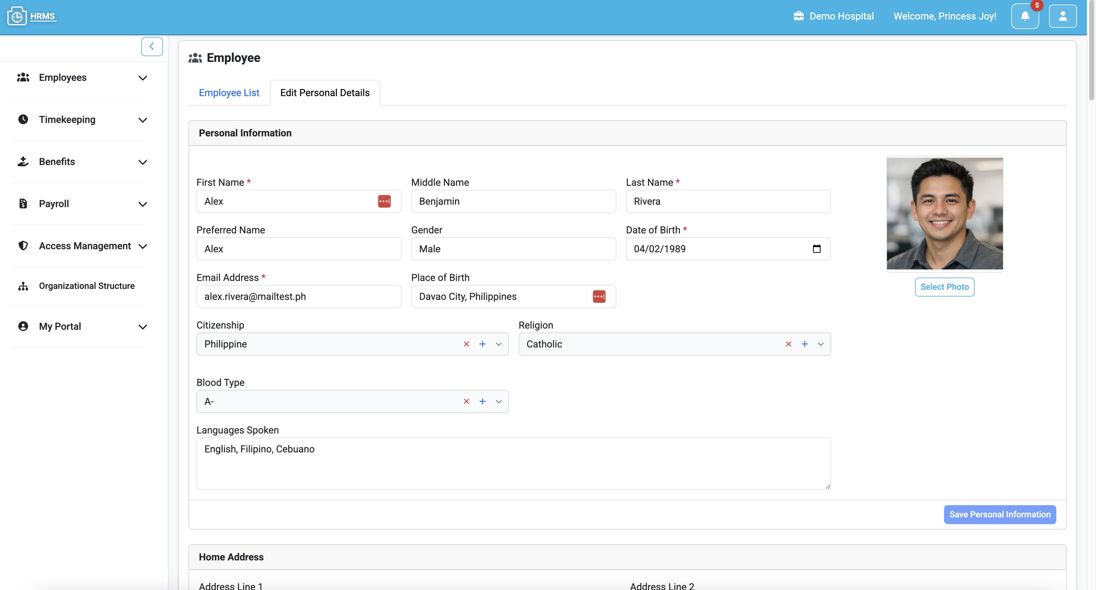 TimeboxHR employee profile form for editing personal details