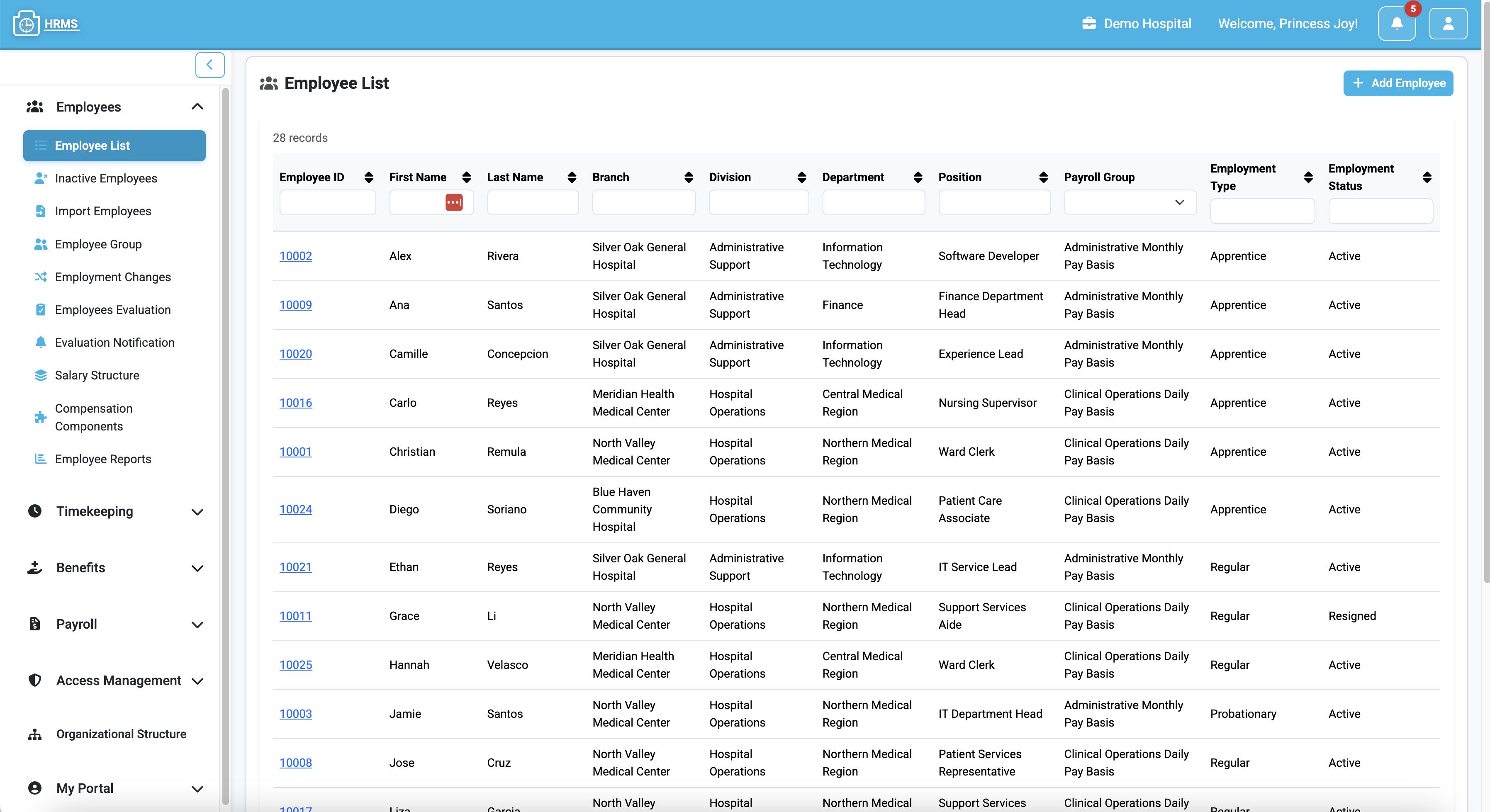TimeboxHR employee list with search, filters, and employment status