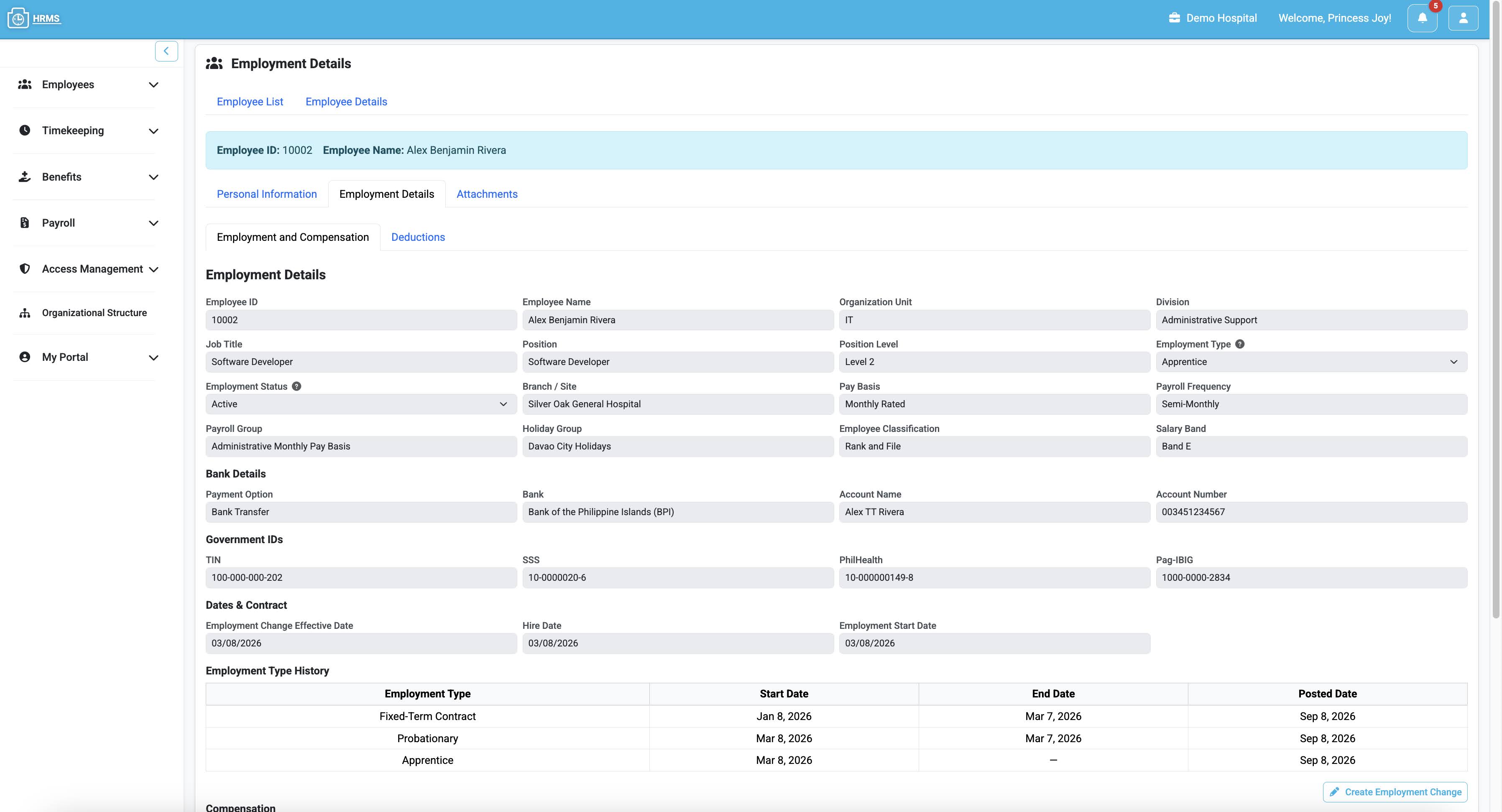TimeboxHR employment details screen with job and compensation information